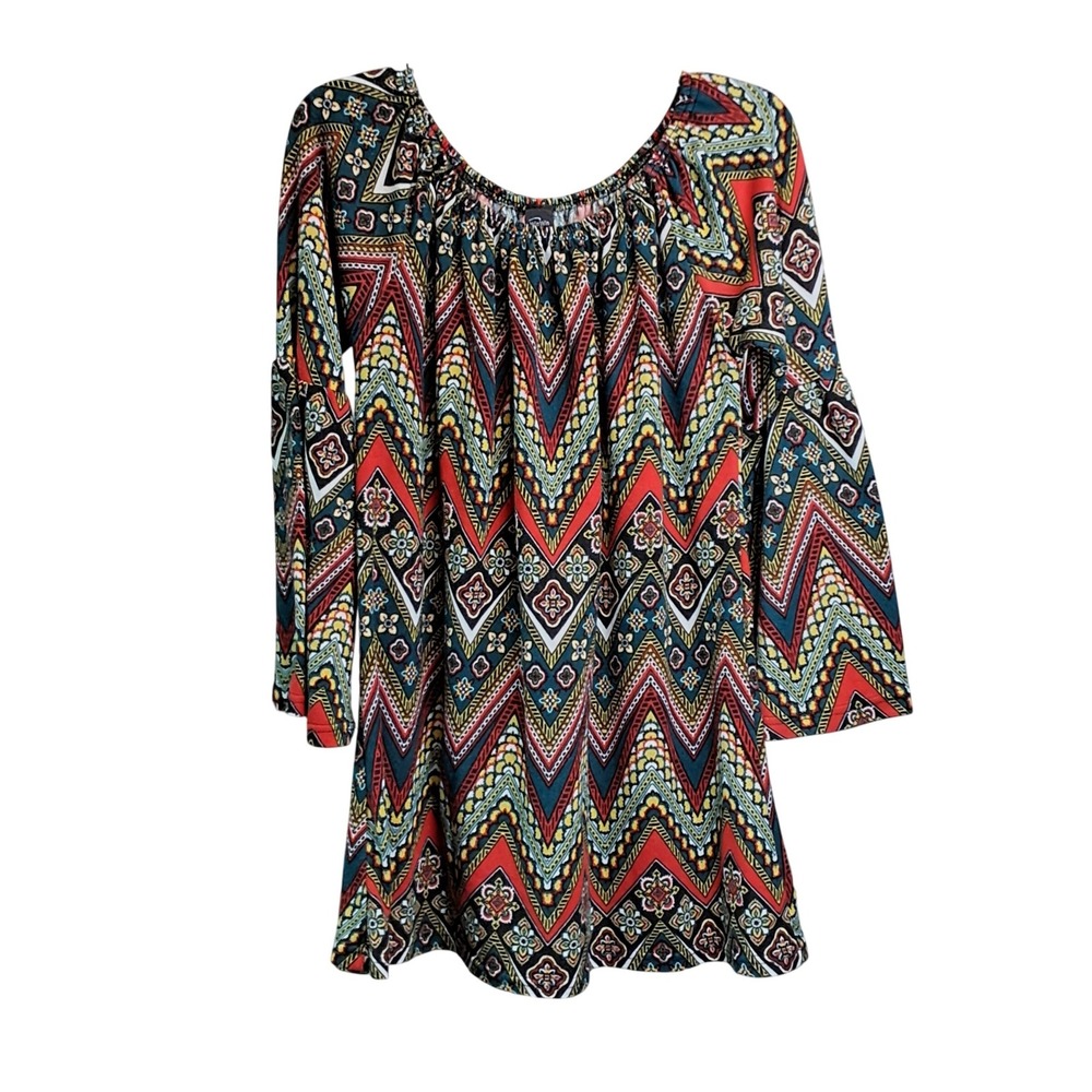 WinWin Women Multicolor Geometric Chevron Bell Sleeve Tunic Top L-XL